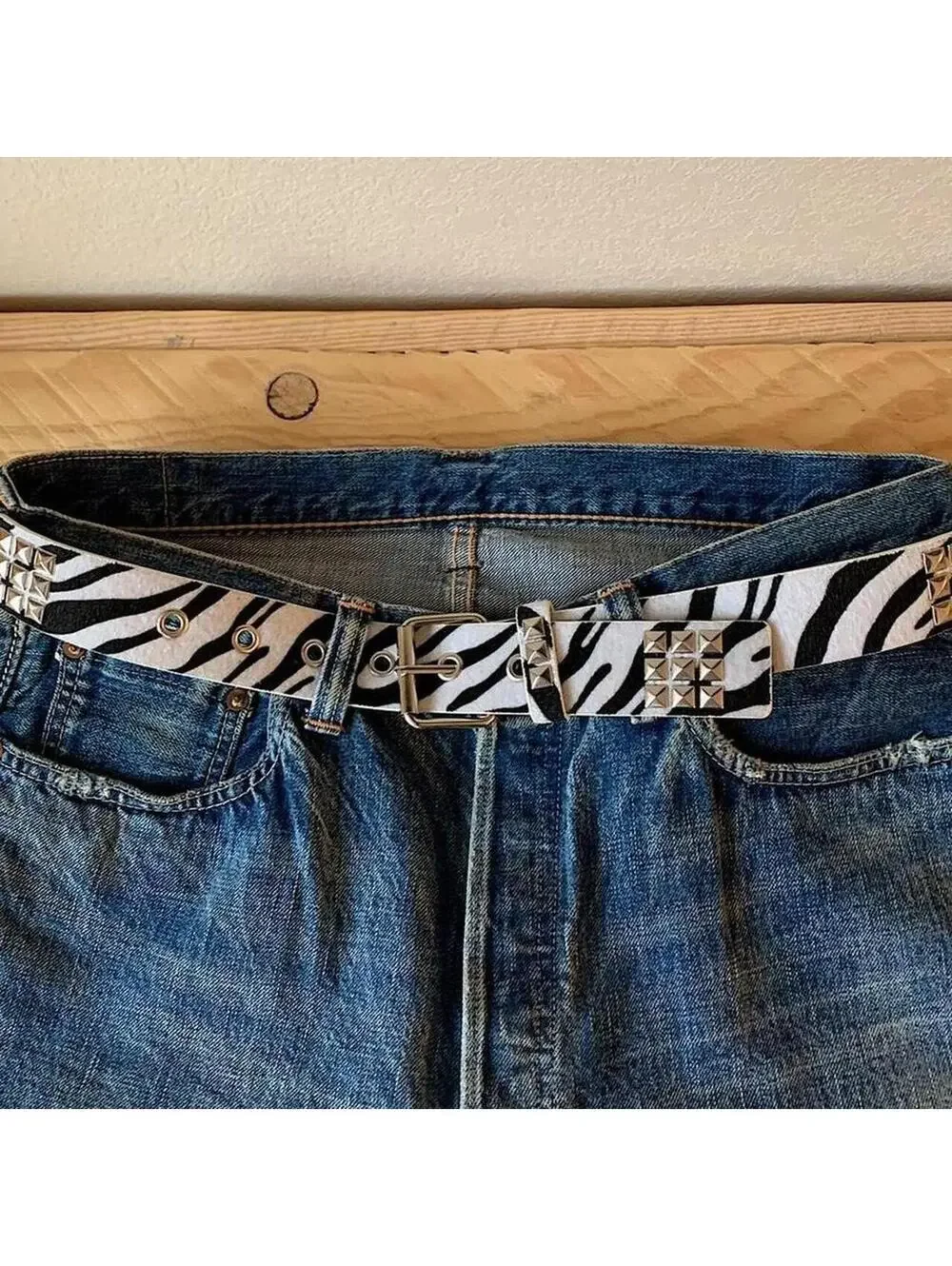 Y2K Cyber 2000s Style Zebra White Fur Studded Silver Belt